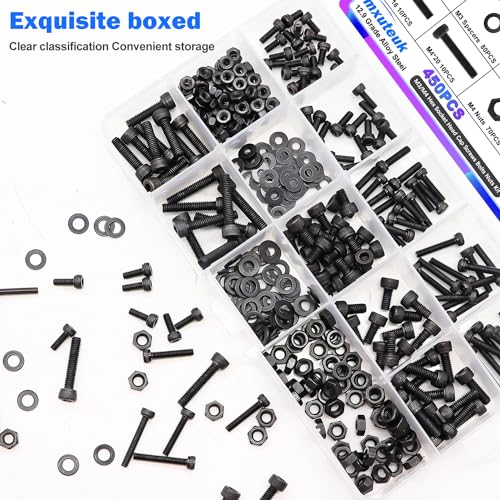 mxuteuk 450PCS M3 M4 Screws Assortment Set,6/8/12/16/20mm Screws Bolts Nuts Kit 12.9 Grade Alloy Steel Hex Socket Head Cap M3 M4 Bolts with Hex Wrench - size: 450PCS M3 M4
