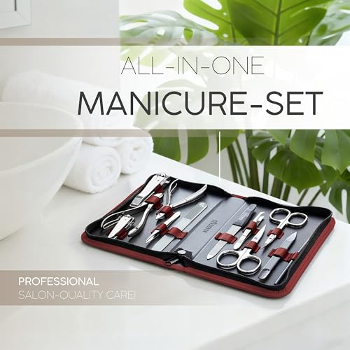 Manicure Set Women and Men – 12-Piece Professional Grooming Kit with Premium Tools, Genuine Leather Case, and exclusive Glass Nail File for Hand & Foot Care, German Quality - color: Red