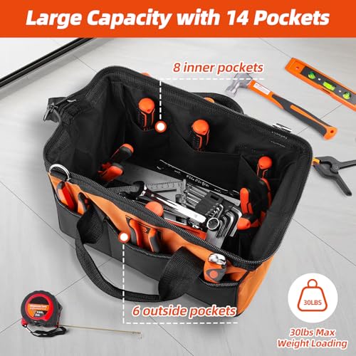 Tool Bag 14'', Thick Outer Pocket Tool Organizer Waterproof, Heavy Duty Tote with Shoulder Strap for Tool Storage, Black & Orange - size: 14 inch