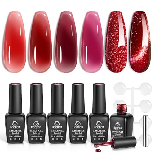 Beetles Red Gel Nail Polish Set, 6 Colors Jelly Gel Polish with Magnet - color: A - Red Jelly | Red Revival