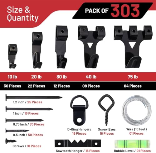 CrimsonMark 303-Piece Picture Hanging Assortment with Heavy Duty Hooks | Includes Nails, Sawtooth, D-Rings, Wire, Level & Metal Wall Hooks for Picture Framing and Canvas Mounting in Black. - size: Black