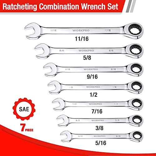 WORKPRO 7-Piece Ratcheting Combination Wrench Set, 72 Teeth, Cr-V Constructed, Combo Ratchet Wrenches Set with Roll Up Pouch, SAE 5/16"-11/16" (Pack of 2) - size: SAE (Pack of 2)
