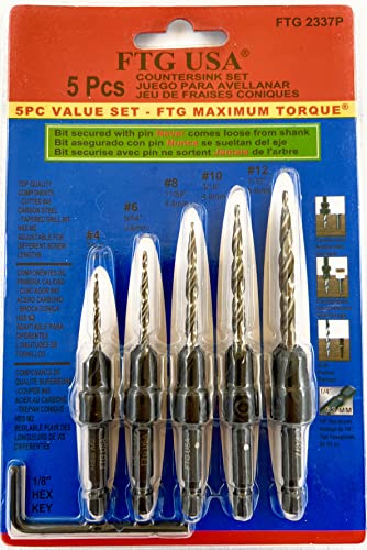 FTG USA Countersink Drill Bit Set 5 Pc Wood #4#6#8#10#12 Tapered Drill Bits - size: #4#6#8#10#12, style: w/o Depth Stop