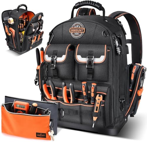 Tool Backpack with 2 Small Tool Bags – LOKASS Heavy Duty Backpack Tool Bag with Molded Base,1680D Tool Organizer with Laptop Compartment & Combination Lock, Water-Resistant Electrician & HVAC Tool Bag - color: Dark Black