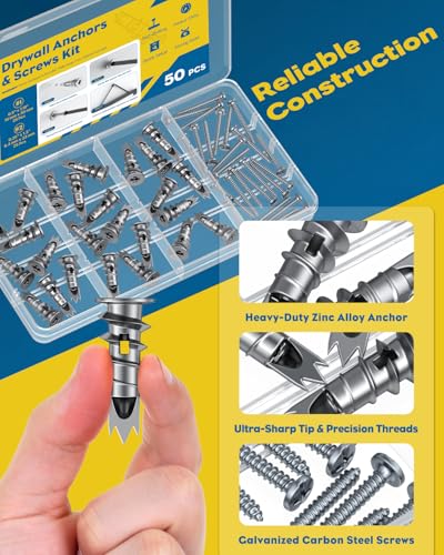 Vibit Self Drilling Drywall Anchors, Heavy Duty Wall Anchors for Drywall, Metal Dry Wall Anchors and Screws Kit, Zinc Alloy Sheetrock Anchors with #6 x 1 5/16" Screws, Picture Hanging Kit, 50 Pcs - size: 50 Pcs