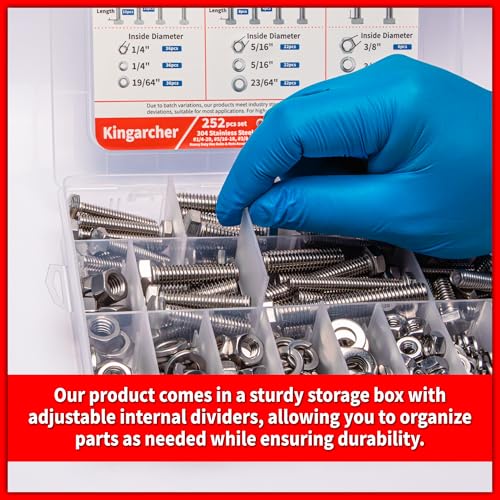 Kingarcher 252Pcs Hex Bolts and Nuts Assortment Kit, 1/4 20 5/16 18 3/8 16 Inch, 304 Stainless Steel 18-8 Assorted Bolts Nuts Flat Washers Hardware Kit, Screw Nut and Bolt Organizer, 3/4" to 2-1/2"