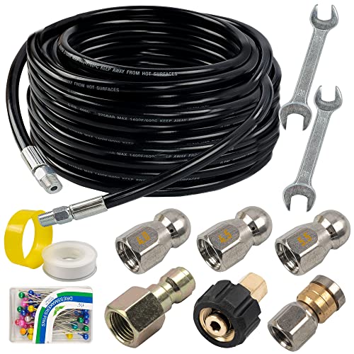 Hourleey Sewer Jetter Kit for Pressure Washer 50FT, Drain Cleaner Hose 1/4 Inch NPT, Orifice 4.0 Button Nose and Rotating Sewer Jetting Nozzle Spanner Tape Pearl Corsage Pin, 4000 PSI - size: Black-50 FT