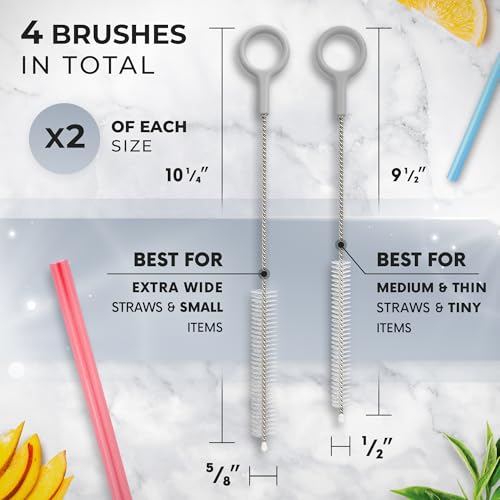 Buenalife Heavy Duty Cleaning Brushes Set of 4 - Extra Long Straw Cleaners for Metal and Plastic Reusable Drinking Straws, to Clean Small Spaces, Sippy Cups, Water Bottles - Sturdy Hard Brush Bristles - color: Gray