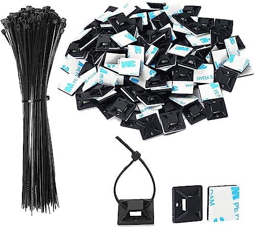 Zip Tie Mounts - SeuYeugX 100PCS Cable Self Adhesive Mounts Set for Wire Management with Stick Pads Anchors Clips Squares Holders (Black) - color: Black