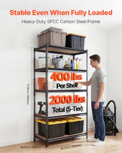 VEVOR Storage Shelves, 5-Tier Adjustable, 2000 lbs Capacity, Heavy Duty Garage Storage Shelving Unit, Metal Utility Rack Shelf, for Garage Warehouse Basement Kitchen, 36.34" W x 18.07" D x 71.38" H - size: 18.07" D x 36.34" W x 71.38" H