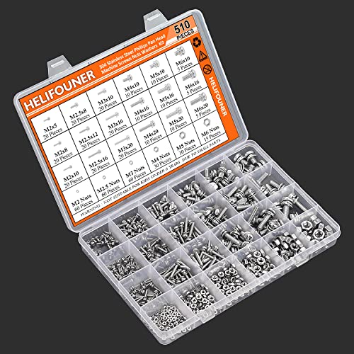 HELIFOUNER 510 Pieces Phillips Pan Head Machine Screws Nuts Washers Assortment Kit, Stainless Steel 304, Full Thread (M2 M2.5 M3 M4 M5 M6) - size: M2 M2.5 M3 M4 M5 M6