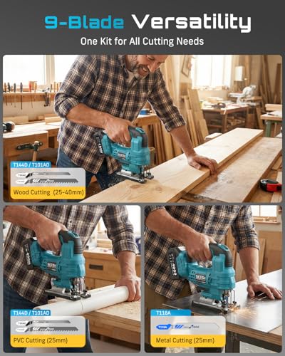 SEESII Brushless Jig Saw, Cordless Jigsaw Tool 2×4.0Ah Batteries - color: Light Blue