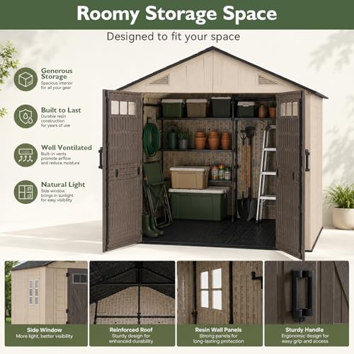Aoxun 8x6 Ft Outdoor Storage Shed with Floor, Large Resin Outdoor Shed with Lockable Door & Windows, Garden HDPE Sheds for Lawn Tools, Pool Supplies & Bikes - size: 8x6