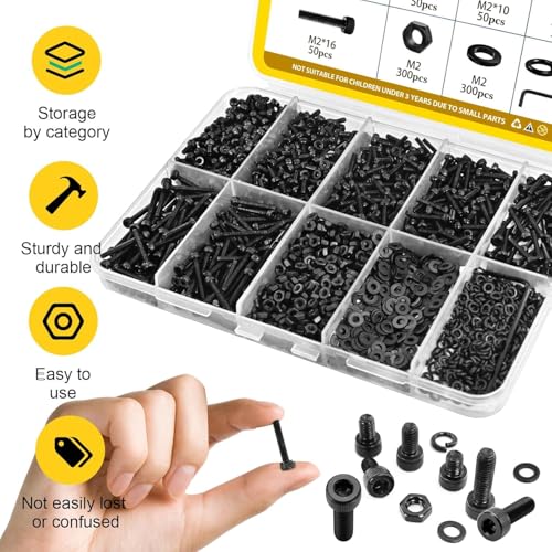 1198pcs M2 Hex Socket Head Screws Assortment Kit,M2x4/6/8/10/12/16 mm - size: M2 1200pcs