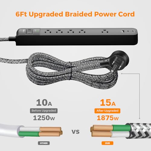 2 Pack Power Strip Surge Protector - 5 Widely Spaced Outlets 3 USB, 6Ft - color: Black & Dark Gray, size: 6 FT