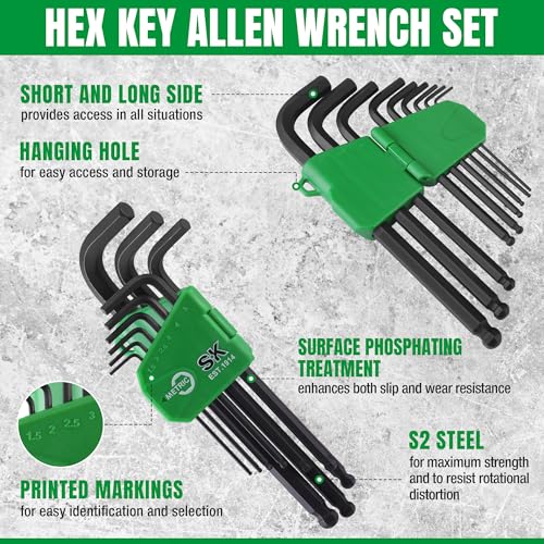 SK Allen Wrenches Sets, 18-Piece SAE/Metric Hex Key Set, L-Shaped, S2 Steel - style: Metric/SAE