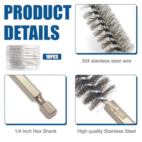 10 Pcs Wire Brush for Drill，Ultra-Durable Metal Wire Brush Set w/ 1/4" Hex Shank, Multiple Sizes Compatible with Power Drill, Impact Driver & Tube Cleaning
