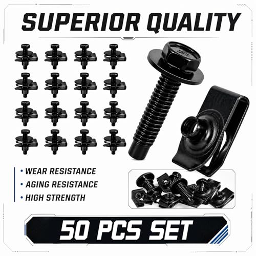 100PCS Automotive Body Bolt & U Nut Kit, M6-1.0 Hex Head Screws with Extruded U-Nuts Clips, Fender Liner, Splash Shield, Engine Under Cover, Bumper & Hood Fastener Assortment (50 Sets) - color: Black M6 x 1.0