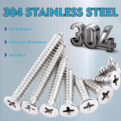 210Pcs Wood Screws #4 304 Stainless Steel M3 Phillips Flat Countersunk Head Self Tapping Screw Phillips Drive Wood Fastener Small Screws Sheet Metal Screw Assortment