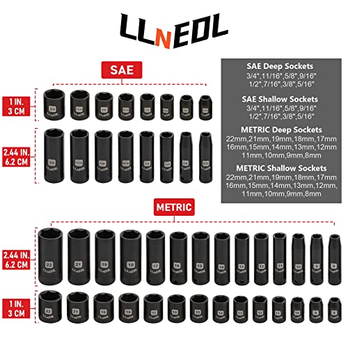 LLNEDL 3/8" Impact Socket Set Drive, 95Pcs Deep&Shallow Socket Wrench Set - color: Black Case