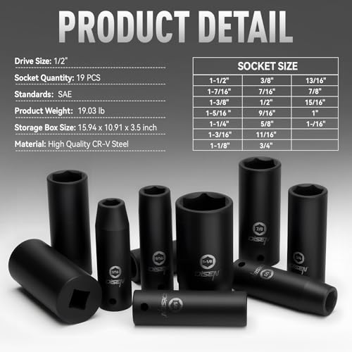 DISEN 19 Pcs 1/2" SAE Impact Socket Set - size: 1/2” 19pcsSAE Impact Socket Set
