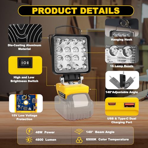 Cordless LED Work Light Compatible with Dewalt 20V Battery – 48W 4800LM - color: Yellow
