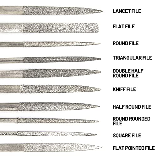 AUEAR, Set of 10 Pack Mini Diamond Needle File Barrette Crossing Knife Equaling Warding Square Three Round Tapered Half for Jewelers Glass Metal Wood