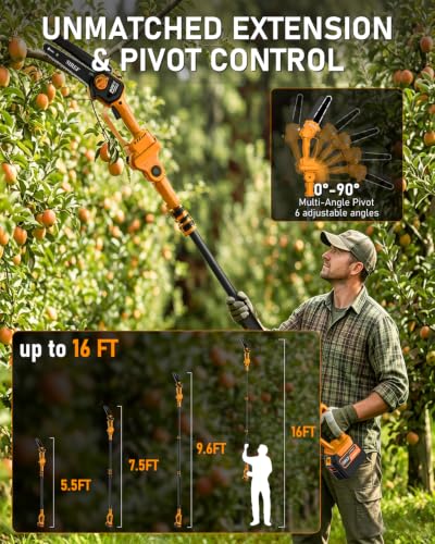 2-in-1 Electric Pole Saw 6“ Mini Chainsaw Cordless Telescopic 2x4.0Ah Batteries Fast Charger Adjustable Shoulder StrapTree Trimmer Limb Branch Cutter Pruner 16 Ft Max Reach Multi-Angle Yellow - color: Yellow-2 Batteries