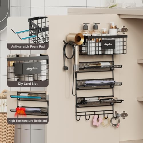 Magheo Hair Dryer Holder Wall Mounted, Adheisve Hair Styling Tool Organizer for hair Brush/Appliance Wall Mount with 5 Tier Shelf Basket Hooks Blow Dryer and Straightener Holder for Bathroom(Black) - color: Black