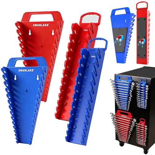SWANLAKE 4-Pack Magnetic Wrench Organizer Toolbox Holder, 2PCS 15-Slot and 2PCS 12-Slot Wrench Organizers, SAE & Metric Ratchet Holders for Tool Box - style: 54-Slot Red&Blue