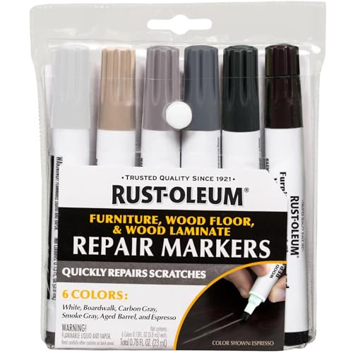 Rust-Oleum Furniture, Wood Floor and Wood Laminate Repair Markers, 6 Count, White, Boardwalk, Aged Barrel, Carbon Gray, Smoke Gray and Espresso, ‎Cool Tones, 376990