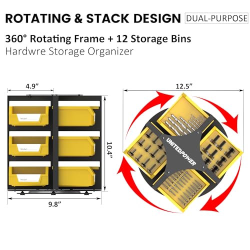 UNITEDPOWER Rotating Storage Bins, Tool Organizer, Hardware Crafts, Small Parts, Nuts and Bolts, Revolving 12 Bins Storage for Workshop, Shed, Garage, Home