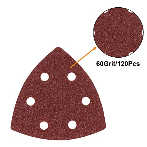 120 Pcs Triangle Sanding Pads, 60 Grits Detail Sander Sandpaper Hook and Loop Sanding Sheet,3.54"(90mm) Triangular Sandpaper for 3.5" Oscillating Multi Tool - size: 60 Grit, style: Hole