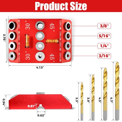Portable Angle Drill Guide Jig with Level & 4 Drill Bits for Drilling 30°, 45°, 90° Degree Angled Holes, All Metal Jig for Angled or Straight Holes, for Wood Post Railing Stairs Handrail Deck