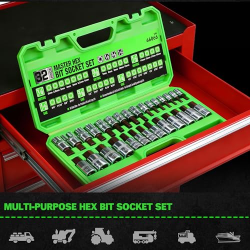 SWANLAKE 32 Piece Hex Bit Socket Set,SAE and Metric, 1/4'', 3/8', 1/2'' Drive Socket Set, S2 & Cr-V Steel - style: 32-Piece Hex Bit Socket