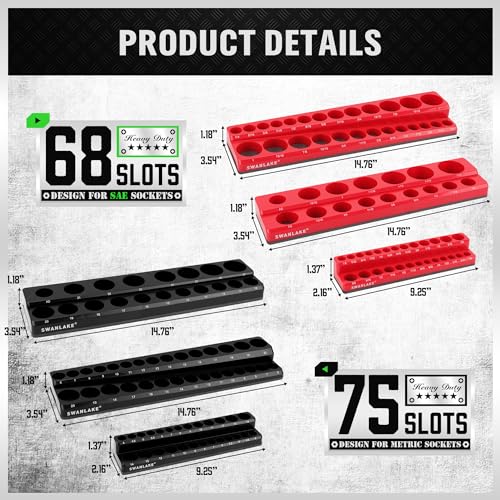6-piece Magnetic Socket Organizer Set, Metric & SAE Drive Socket Holder, Includes 1/4", 3/8", 1/2", Holds 143 Pieces Magnetic Trays Red Black - style: 6PCS Red/Black