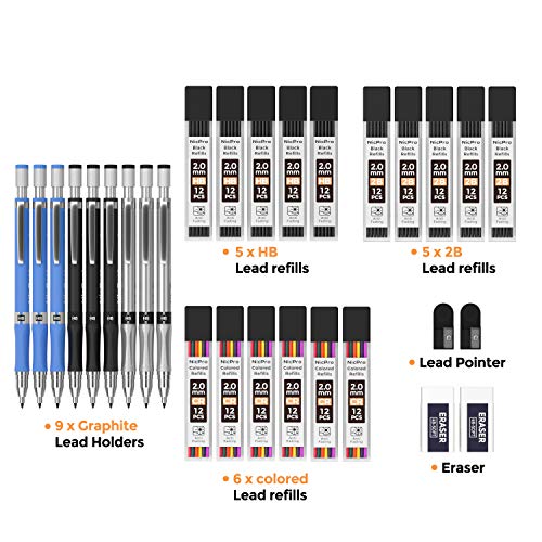 Nicpro 29 Pieces 2mm Mechanical Pencil Set 9 PCS Drafting Carpenter Pencils - color: ‎Silver