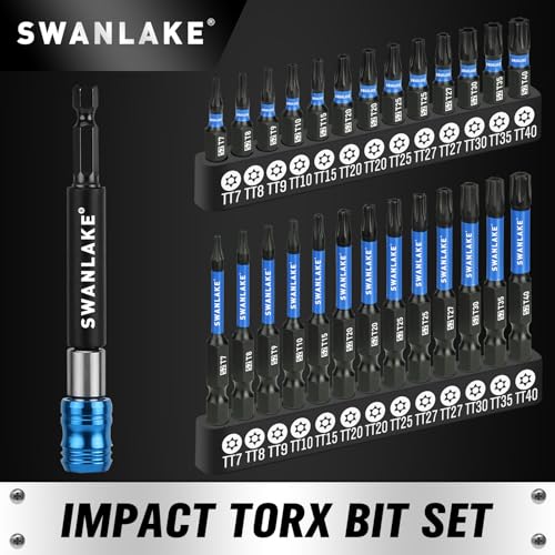 SWANLAKE Impact Torx Bit Set, 27-piece (TT7-TT40) 1''&2'' Security Tamper Proof Magnetic Screwdriver Bits, CNC Machined Tips, S2 Steel Long Torque Star Bits with 4'' Impact Bit Holder and Storage Box - style: Upgraded Version