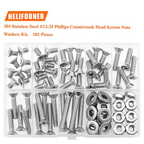 HELIFOUNER 102 Pieces #12-24 Phillips Countersunk Head Machine Screws Nuts Washers Assortment Kit, Coarse Thread, Fully Machine Threaded, 304 Stainless Steel - size: #12-24