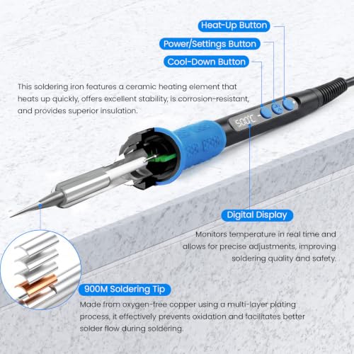 Soldering Iron Kit, 100W High Power LCD Soldering Iron, 2 Helping Hands Soldering, Flux, Iron Tips, Tin Wires, Solder Sucker, Tweezers. °C/℉ Conversion, Auto Sleep，Temperature Calibration - color: Blue (11-in-1 Soldering Iron Kit)