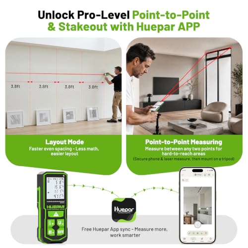 Laser Distance Measure 395 Feet with 60 Inch Tripod, Huepar Laser Distance Meter with Bluetooth & APP, Angle Sensor, 1/16in Accuracy Rechargeable Laser Measuring Tool, M/in/Ft Unit, Pythagorean Mode - size: 395Ft-Tripod