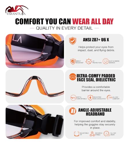 ANSI Z87.1+ Safety Goggles Over Glasses, Anti-Fog&Anti-Scratch UV380 Lenses - color: Orange
