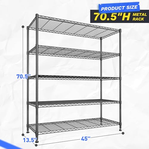 DurayLoly 45"W Heavy Duty 5-Tier 1000LBS Storage Shelves, Adjustable, Black - size: 45" W x 70.5" H x 13.5" D