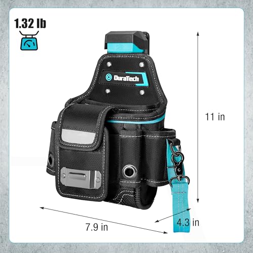 DuraTech Tool Pouch with Belt Clip, Electrician Tool Pouch with Tape Measure Holder & Hammer Loop, Quick Release Buckle, Expandable Support Frame, Ideal for Construction, Carpentry and Handyman Use - style: Small