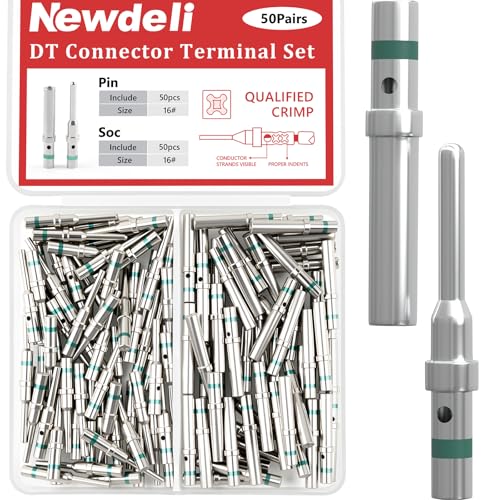 Newdeli 50 Pairs Deutsch Pin Connector Kit Size 16 Solid Contacts DT Series Connector, Common Contacts Automotive Terminals, Ni Plating Pin and Socket Contacts, 14-20AWG Wire Size - size: 50 Pairs - Size 16
