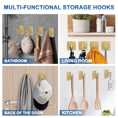 Adhesive Hooks for Bathrooms, 4 Piece Towel Hooks for Hanging Hat Robe Coat, Stick on Hooks for Kitchens, Strong Self-Adhesive No Damage Waterproof Stainless Steel Sticky Hook (Gold) - color: Square-A-Gold