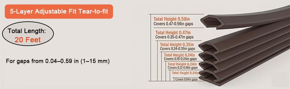 Rip-to-Fit Weather Stripping – 20 Feet, 5-Layer Adjustable Self-Adhesive Weather Seal Strips Fits Big Gaps(0.04-0.59 Inch), for Door Frame Door Insulation Strip Waterproof, Transparent. (White) - color: White