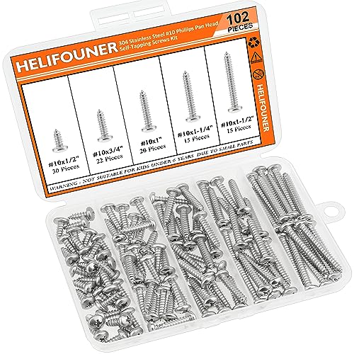 #10 x 1/2" 3/4" 1" 1-1/4" 1-1/2" Wood Screws Set, HELIFOUNER 102 Pieces Phillips Pan Head Self-Tapping Screws Assortment Kit, Phillips Pan Head Wood Screws, 304 Stainless Steel - size: #10