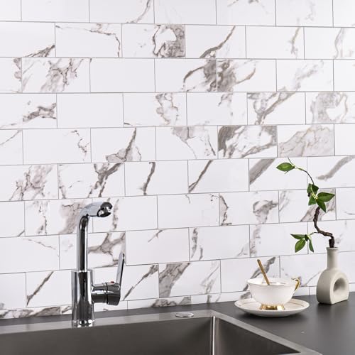 StyloVue 100 Pieces Peel and Stick Backsplash for Kitchen, 3" x 6" PVC Subway Tile 2026 Upgraded White Marble with Gold Accent Backsplash Stick on Tile Elevate Kitchen Fireplace RV - color: White Marble with Gold Accent