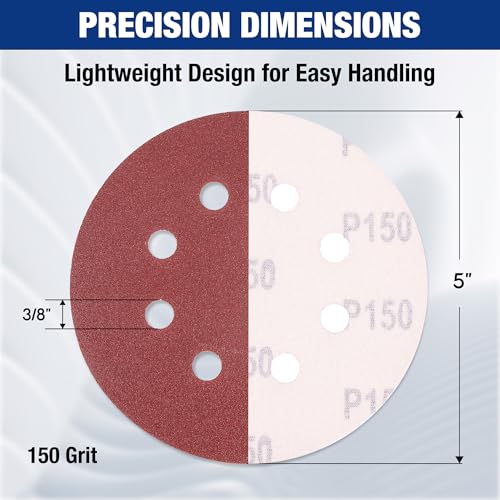 WORKPRO Sanding Discs, 5-Inch 150 Grit 8-Hole Hook and Loop, 50 Pack - style: 50PCS 5 Inch 150 Grit